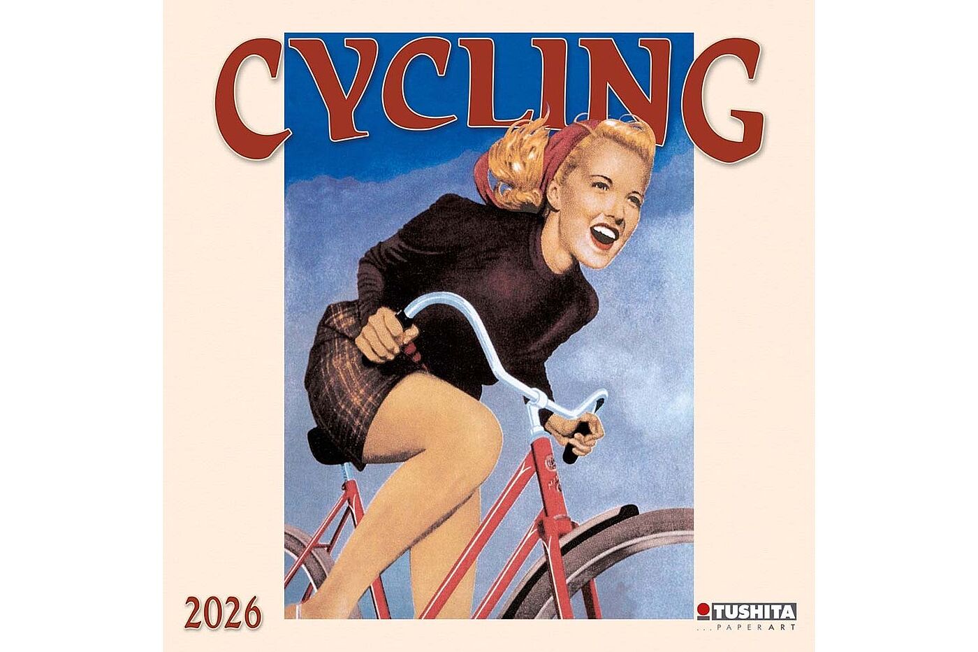 Gezeichnete Frau fährt lachend auf einem roten Fahrrad, darüber steht der Titel „Cycling 2026“
