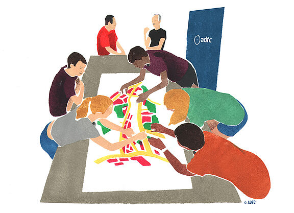 ADFC-Mapathon Illustration einer Gruppe an einem Tisch