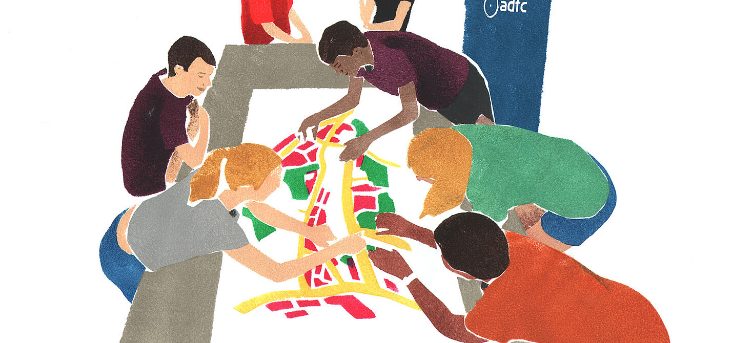 ADFC-Mapathon Illustration einer Gruppe an einem Tisch